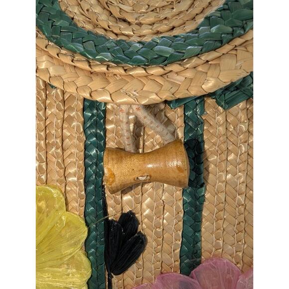 Vintage 1960’s Straw Bag Woven Floral Raffia Tote Handbag Travel Beach Bag - Picture 4 of 11